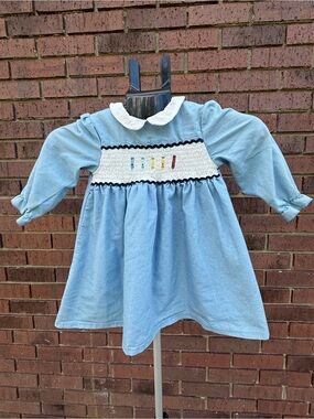 Sunshine Smocks Blue Crayon Pre-School Smocked Dress Long Sleeve Toddler Size 2T